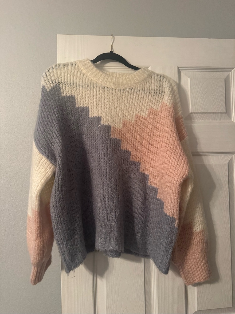 She + Sky Cream, Pink & Gray Stepped Colorblock Crewneck Sweater